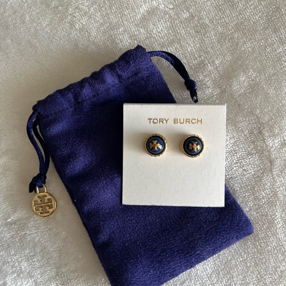 Tory Burch Navy and Gold Button Earrings